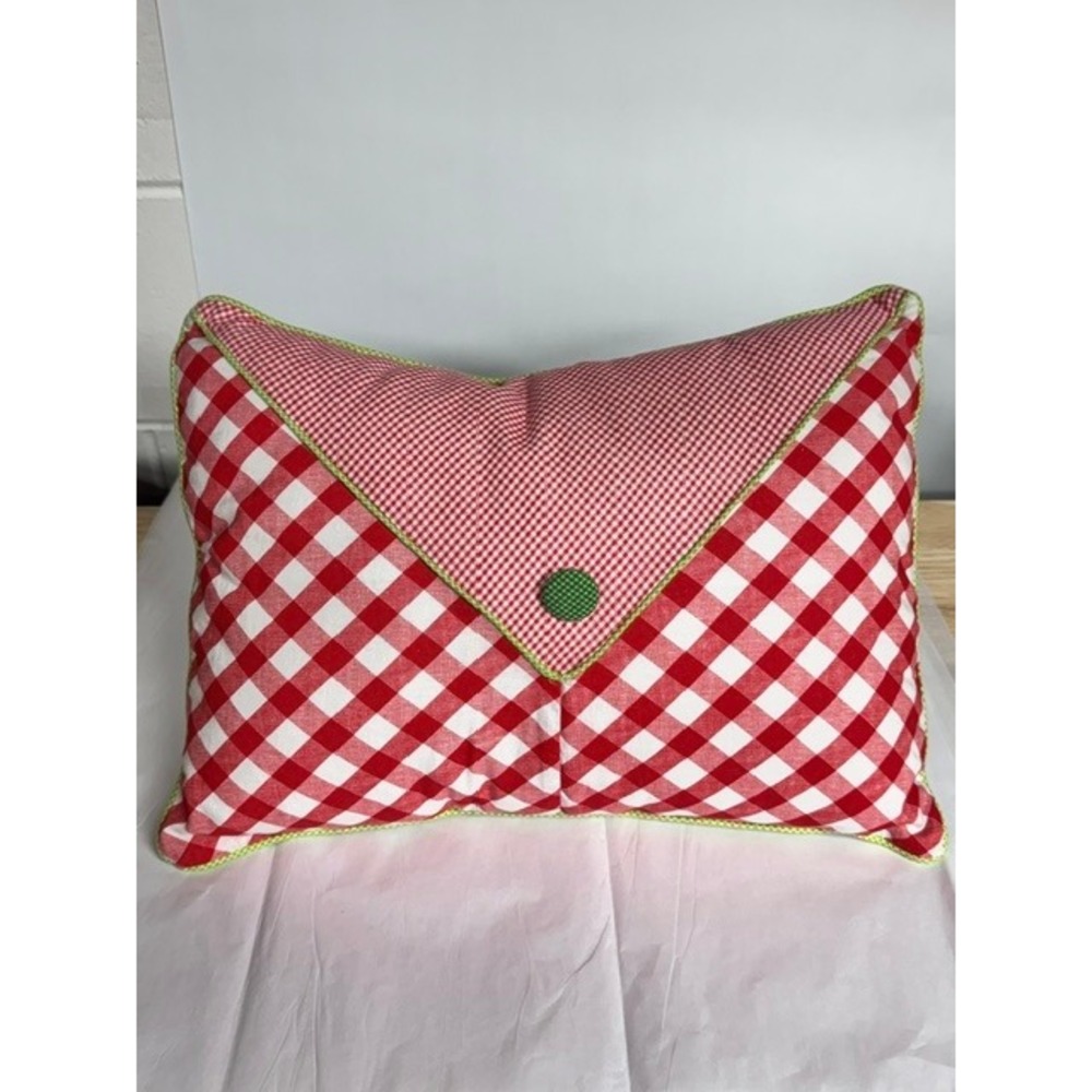 Red Gingham Envelope Throw Pillow Green Trim Farmhouse Decor 16x13